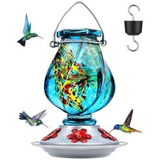 Hummingbird Feeder, Hand Blown Glass Hummingbird Feeders for Outdoors Hanging...
