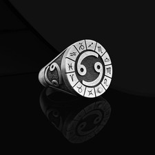 Cancer Zodiac Signet Ring 925 Sterling Silver Oxidized Ring Duty Free