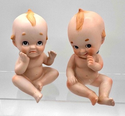 Vintage Lefton China SET of 2 KEWPIE Porcelain Large 5'' FIGURINES, 1960s, EX