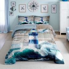 Lighthouse Comforter Set King Size,Sea Ocean Wave Bedding Set Nautical Bedroom D