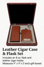 Luxury Leather Cigar Case & 8oz Flask Gift Set w/ Box – Holds 3-4 Cigars (New)