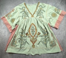 Sunday Up Womens Tunic Top Embroidered Boho V Neck Green Pink Size S