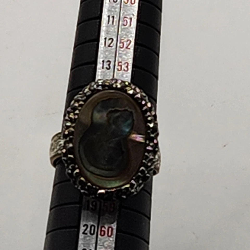 Anillo camafeo concha de abulón para mujer 7,75 tono plata marcasita halo ovalado floral Foto 4 de 4
