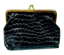 Vintage Vegan Black Crocodile coin pouch Kiss Lock Gold Tone Hardware