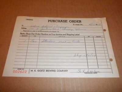 1959 M.K. GOETZ BREWING CO. PURCHASE ORDER to ALBERT SCHWILL & COMPANY MALT BEER