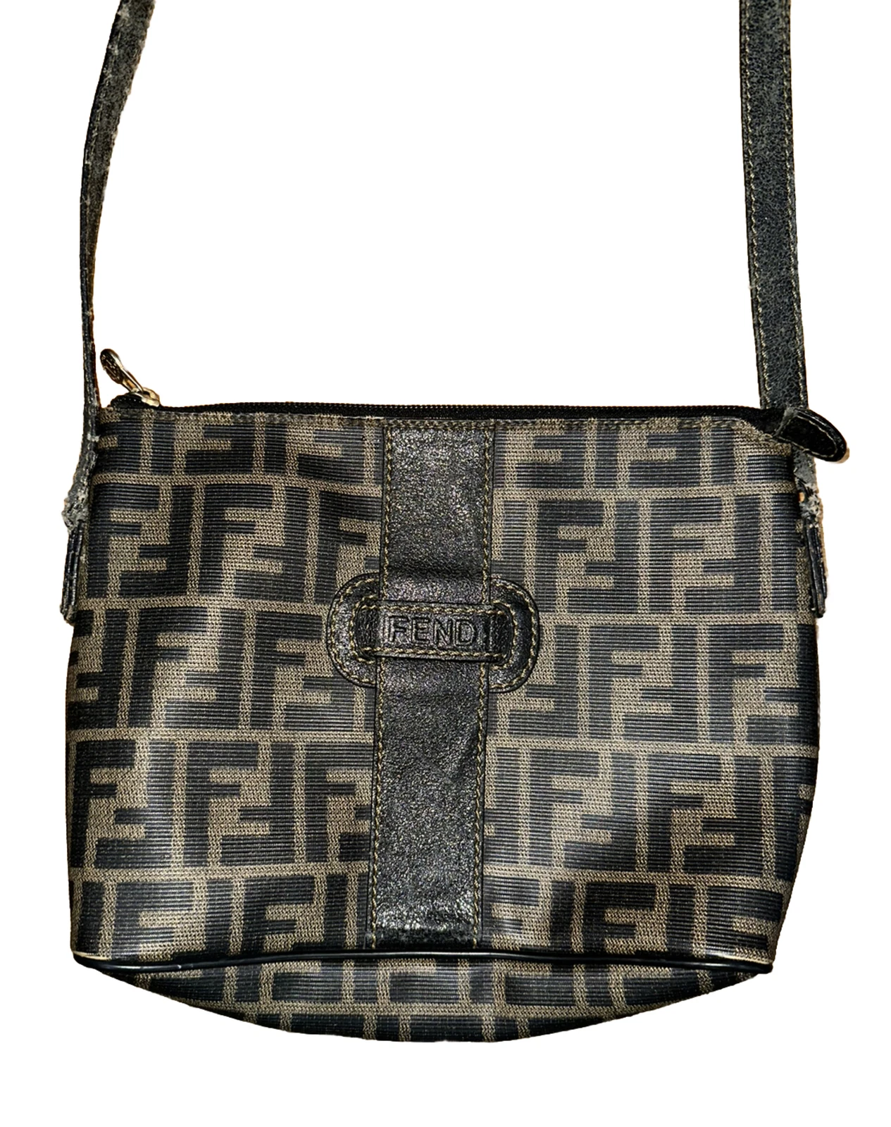 Autentica borsa a tracolla vintage Fendi Zucca rivestita in pelle in tela