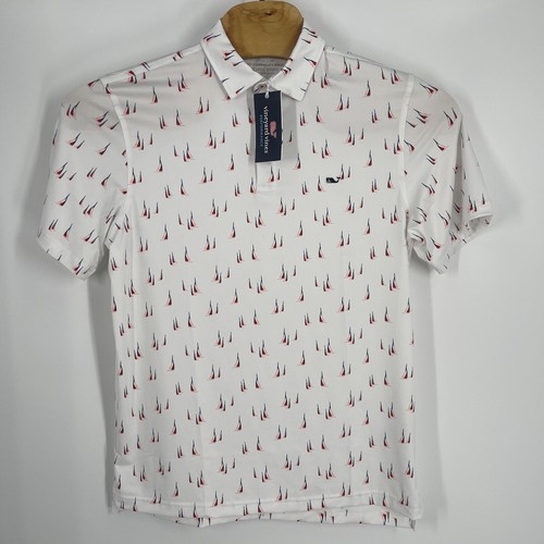 Vineyard Vines Mens Sankaty Performance Polo Shirt Sailboat Print White M NEW