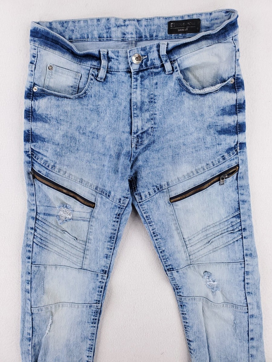 South Pole Jeans Mens 32x32 Moto Skinny Distressed Stretch Denim
