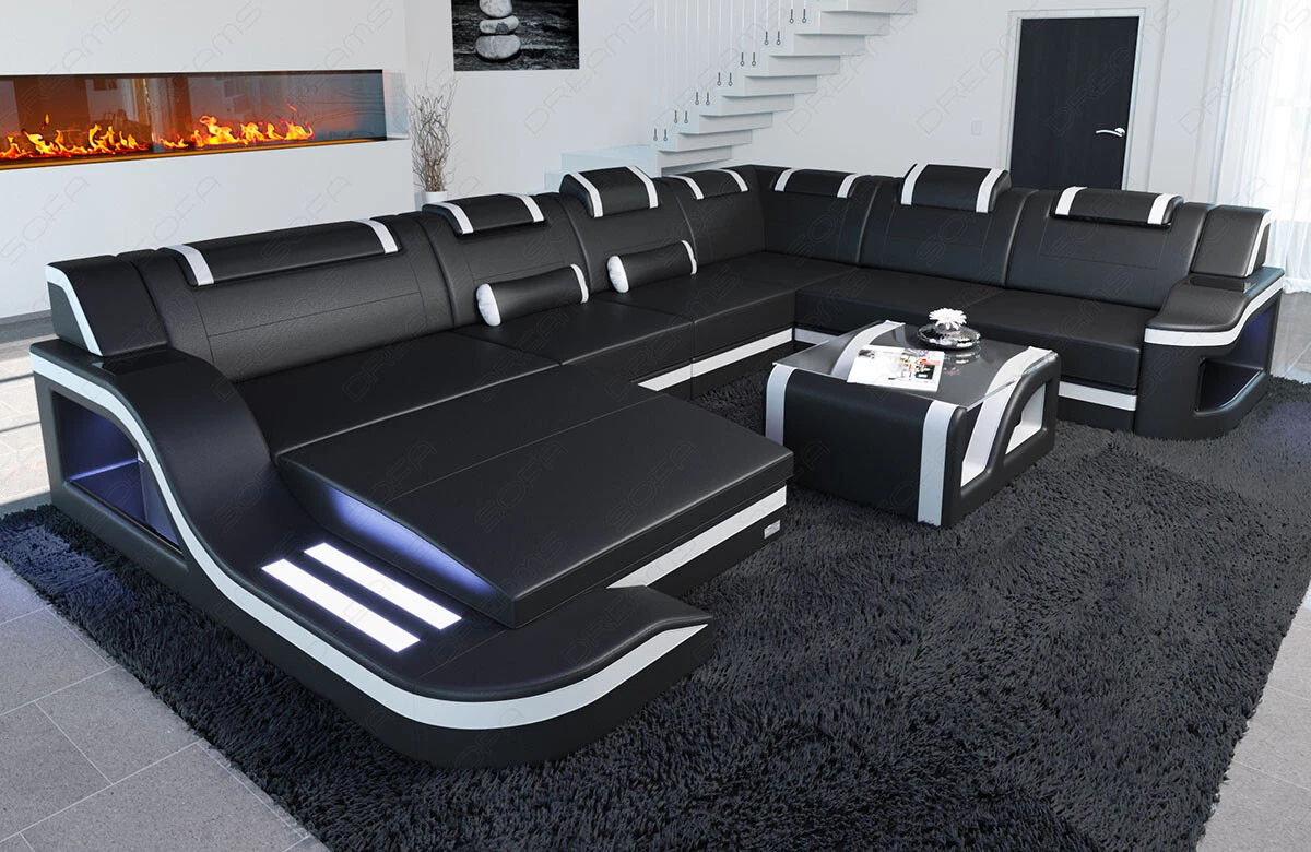 Couch Leather Sofa Interior Design Palermo XXL Sofa LED Black White