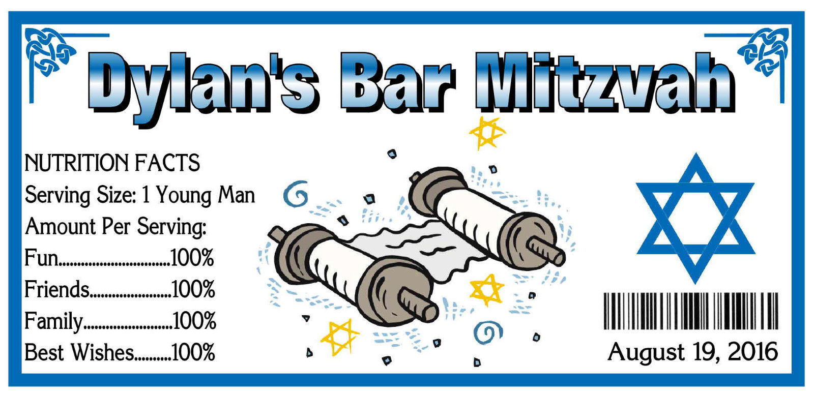 20 BAR MITZVAH PARTY FAVORS WATER BOTTLE LABELS waterproof ink 