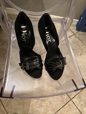 Christian Dior Black Suede Patent Leather logo buckle Dorsay heels Vintage EU37