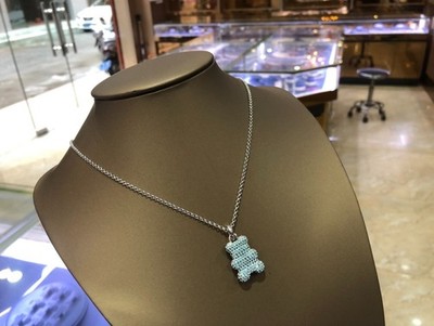 APM Monaco Teddy Bear Necklace Light Green Crystal Silver Tone Pendant