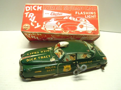 Marx 1950's Tin Wind Up Dick Tracy Siren Squad Car in BOX. Works & Complete. A+