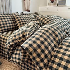 Green Gingham Duvet Cover Queen 100 Washed Cotton Beige Plaid Checkered Duve...