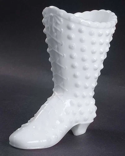 Vintage Fenton White Milk Glass Hobnail Ladies High Heeled Boot - Shoe - Vase