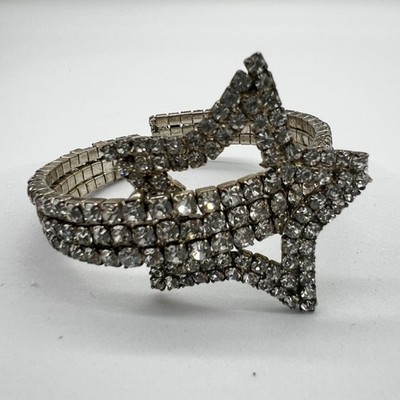 Vintage Rhinestone Star Stretch Bracelet   Silver Tone Statement Cuff Style