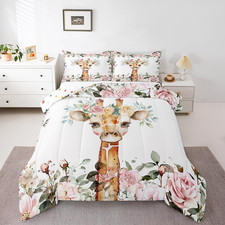Cute Giraffe Bedding Set Pink Rose Comforter Set Twin Size Girls Kids,Cartoon An