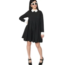 Unique Vintage Wednesday Adams Black Dress White Cuffs Peggy Peter Pan Collar M