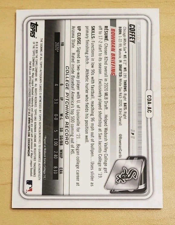 2020 Bowman Draft - Chrome Draft Picks Autographs Adisyn Coffey #CDA-AC (AU, RC) - Image 2 of 2