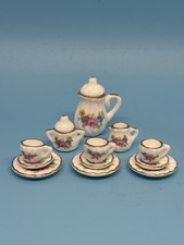 Vintage Miniature Porcelain Dollhouse Tea Set Floral Gold Trim Cups Plate Teapot