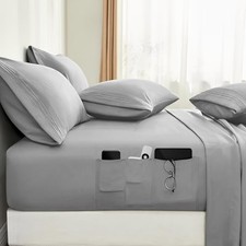 6 Pieces Bed Sheets Set with Pockets on Side(), Sweat-Wicking King Light Grey