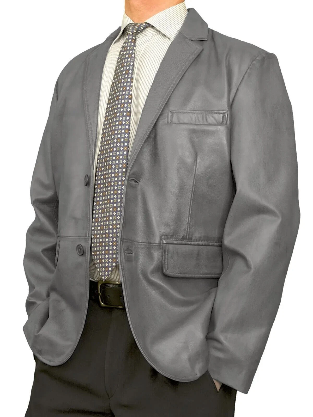 New Men's Gray Color Leather Blazer. Real Soft Lambskin Leather Formal Overcoat.