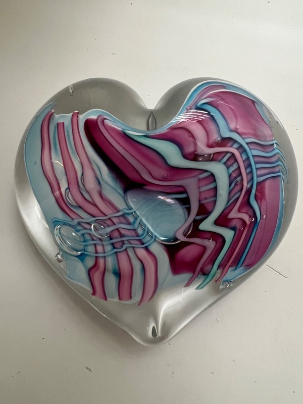 Schmidt Rhea VINTAGE Pink & Blue LARGE Art Glass Heart Paperweight SIGNED Mint!
