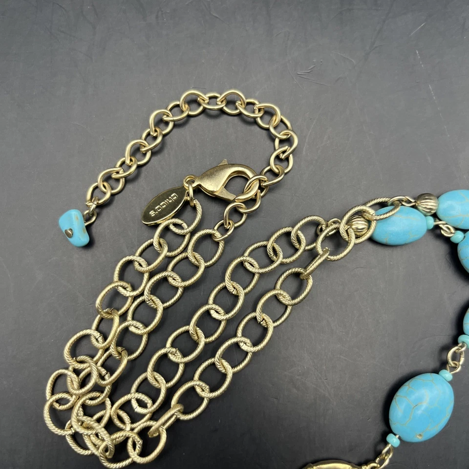 Chicos Statement Necklace Faux Coin Turquoise Color Stone Silver Gold Two Tone - Image 4 of 4