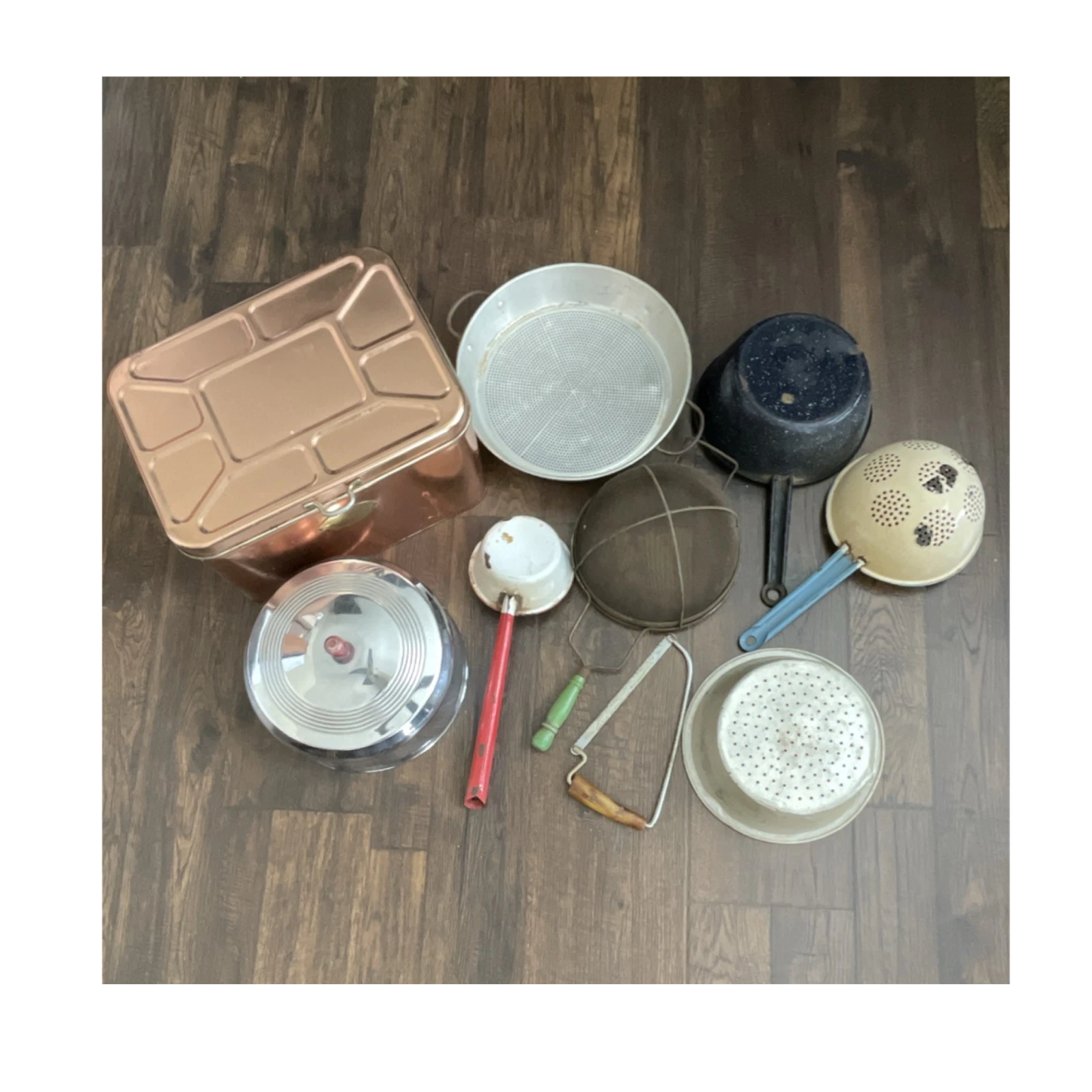 Antique Kitchen Lot Copper Metal Bread Box, Saucepan, Strainers, Saw