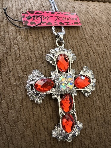 Women’s Beautiful Shiny Red Faux Gems Cross With Silver Pendant Sweater Necklace - Picture 5 of 8