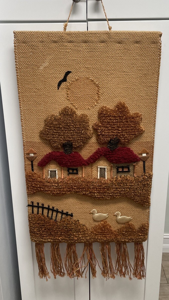 Vintage 70s Fiber Art Boho Woven Wall Hanging Textile Jute