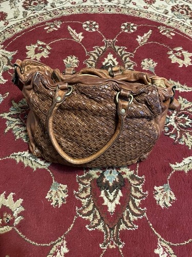 LANGELLOTTI Italian Distressed Leather Woven Tote Bag Crossbody Brown Tabacco