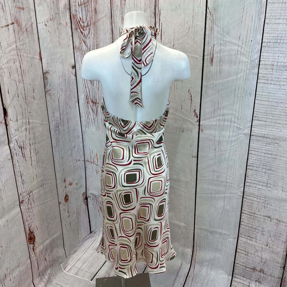 VESTIDO HALTER POLECI ROJO TOSTADO TOPO MULTI PATRÓN SEDA TALLA 6 TCC Foto 3 de 4