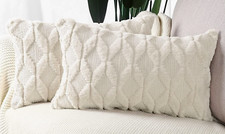 BEIGE Short Velvet Faux Fur Wool Pillow Covers Diamond Trellis 12X20 16X16 J06