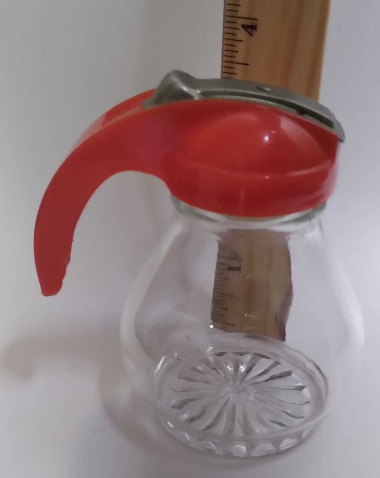 Retro Vintage Glass Small Syrup Dispenser Plastic Red Top 3 3/4" Tall
