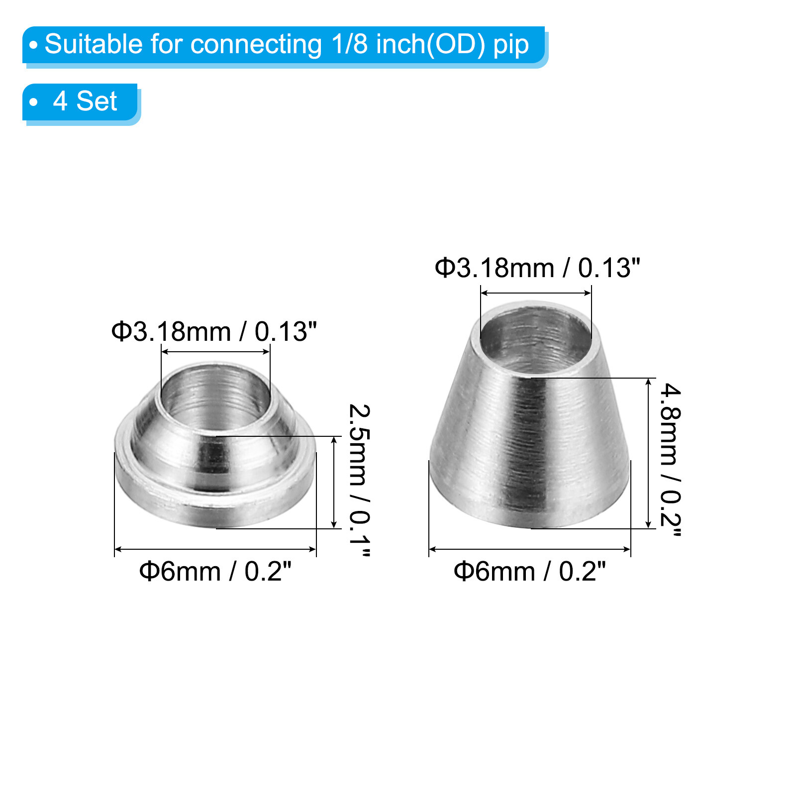 1/8" Tube OD 316 Stainless Steel Compression Tube Fitting Sleeve, 4