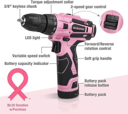 WORKPRO 12V ROSA TRAPANO A BATTERIA E KIT ATTREZZI PER LA CASA STRUMENTO MANUALE CASA FAI DA TE, 61 Pezzi - Foto 2 di 4