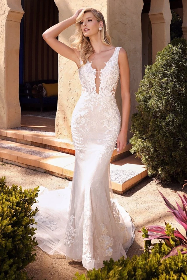 Wedding Bride Dresses Mermaid Sheath Bridal Ball Gowns Sleeveless Lace Appliques - Image 4 of 4