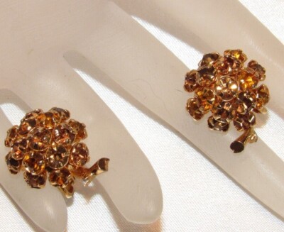 Vintage Designer Quality 60's Prong Set Amber Rhinestone Flower