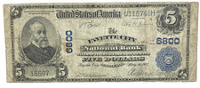 1902 $5 Fayette City, PA Large Size National BankNote CH# 6800 Plain Back Fr 598