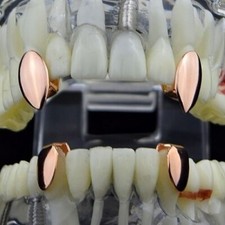 14k Rose Gold Plated Vampire Fang Set 2 Top Fangs Two Bottom Teeth Slugs Caps