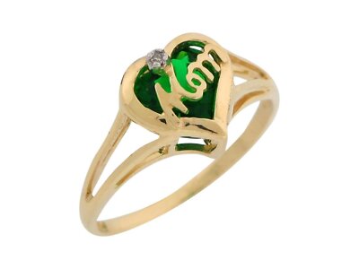 10k or 14k Yellow Gold  Natural Diamond and Simulated Emerald Mom Heart Ring