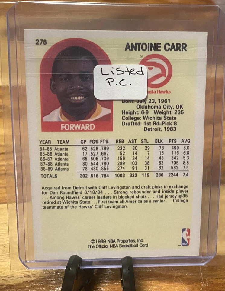 1989/90 Hoops #278 Antoine Carr Hawks Authentic Hand Signed Auto On Card - Image 3 of 3