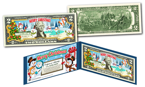 MERRY-CHRISTMAS-SNOWMAN-XMAS-OFFICIAL-Genuine-Legal-Tender-U-S-2-Bill