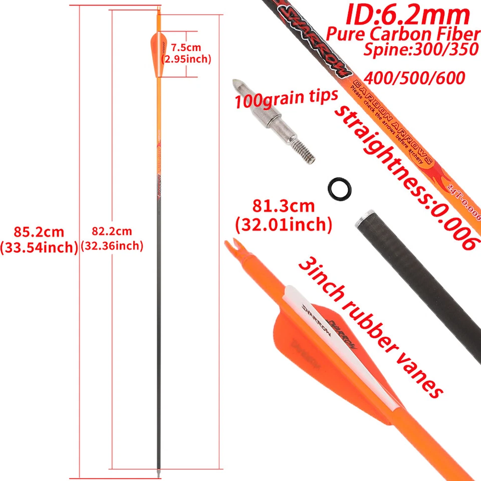 32" Pure Carbon Arrows Archery SP300-600 Vanes ID6.2MM Recurve Bow Shooting Hunt - Image 2 of 4