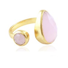 Pink Chalcedony Gold Plated Adjustable Double Stone Open Ring Wedding Gift Her