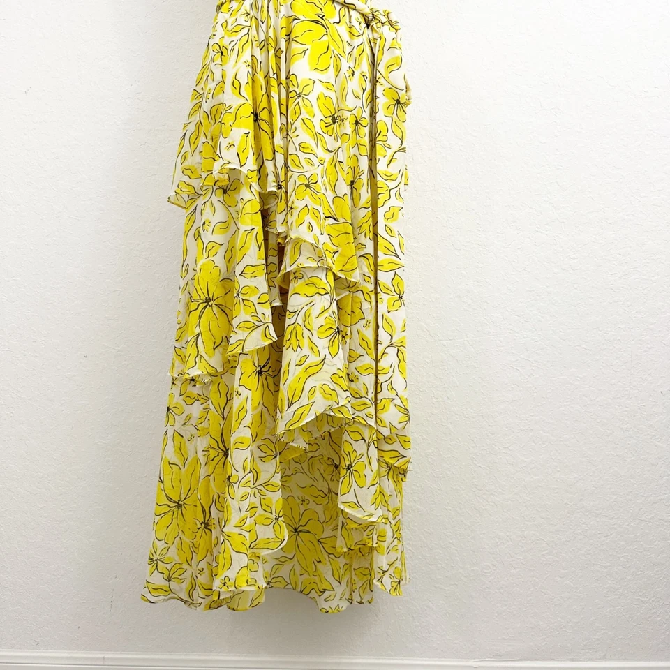 Vestido midi Badgley Mischka alto bajo estampado floral con volantes en capas amarillo talla 6 Foto 3 de 4