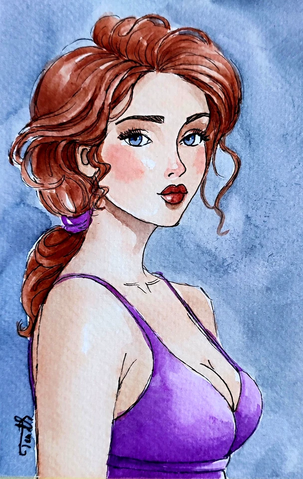 Portrait Frau Original Aquarell Tusche "10 x 15 cm", Woman, Mädchen, Girl - Bild 1 von 1