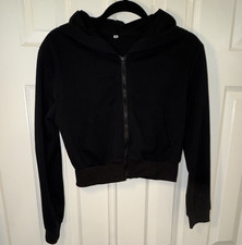 Women s Black Cotton Fleece Full Zip Hooded Hoodie w/ Pockets, Size M