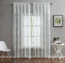 Pair of 2 Lace Curtain Panels with Attached Valance and 6 Tassels. Sheer Lace...
